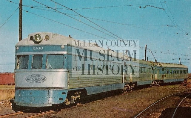 A three car streamlined interurban train, purchased new in 1949 by the Illinois Terminal Railroad. Photo by Herbert Georg Studio, Chicago; Postcard distributed in 1971.
