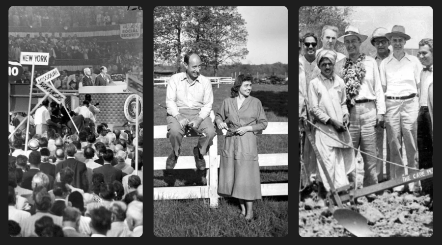 In a triptych, a man is shown at three points in life: standing at a political convention, sitting on a fence with his wife, and presenting a plow to people in India.