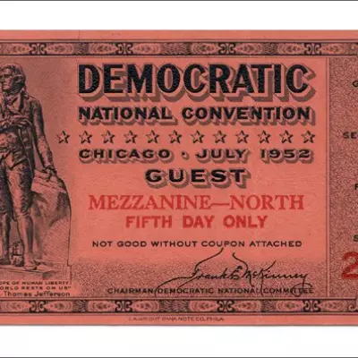 A red ticket for Gate 1, Section Q, Row 7, Seat 23 of the Democratic National Convention in Chicago, July 1952, only for the fifth day.