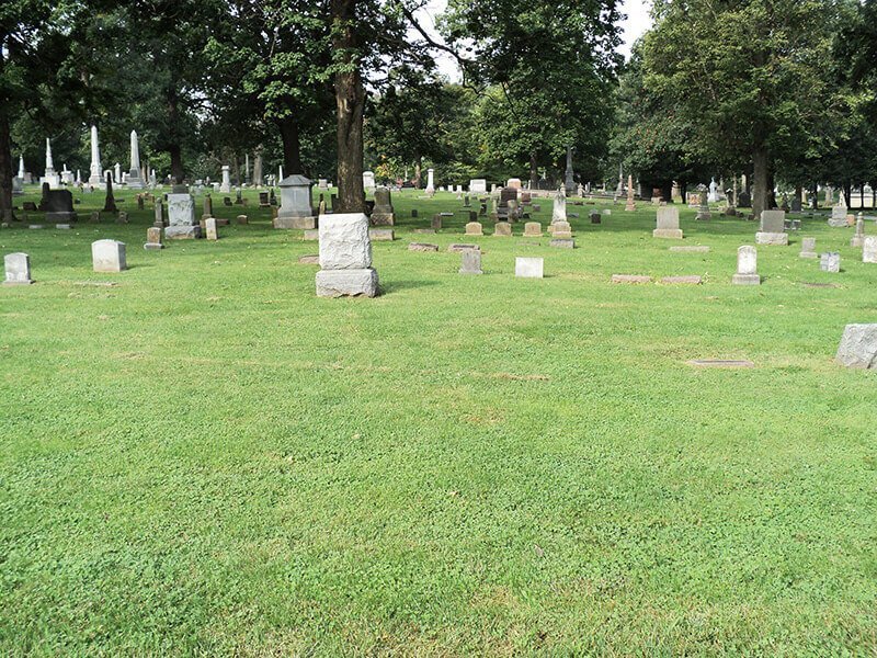Headstones in a wooded cemetery