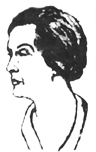 Crude illustration of a middle-aged woman's side profile, with raised eyebrows and short bobbed haircut.