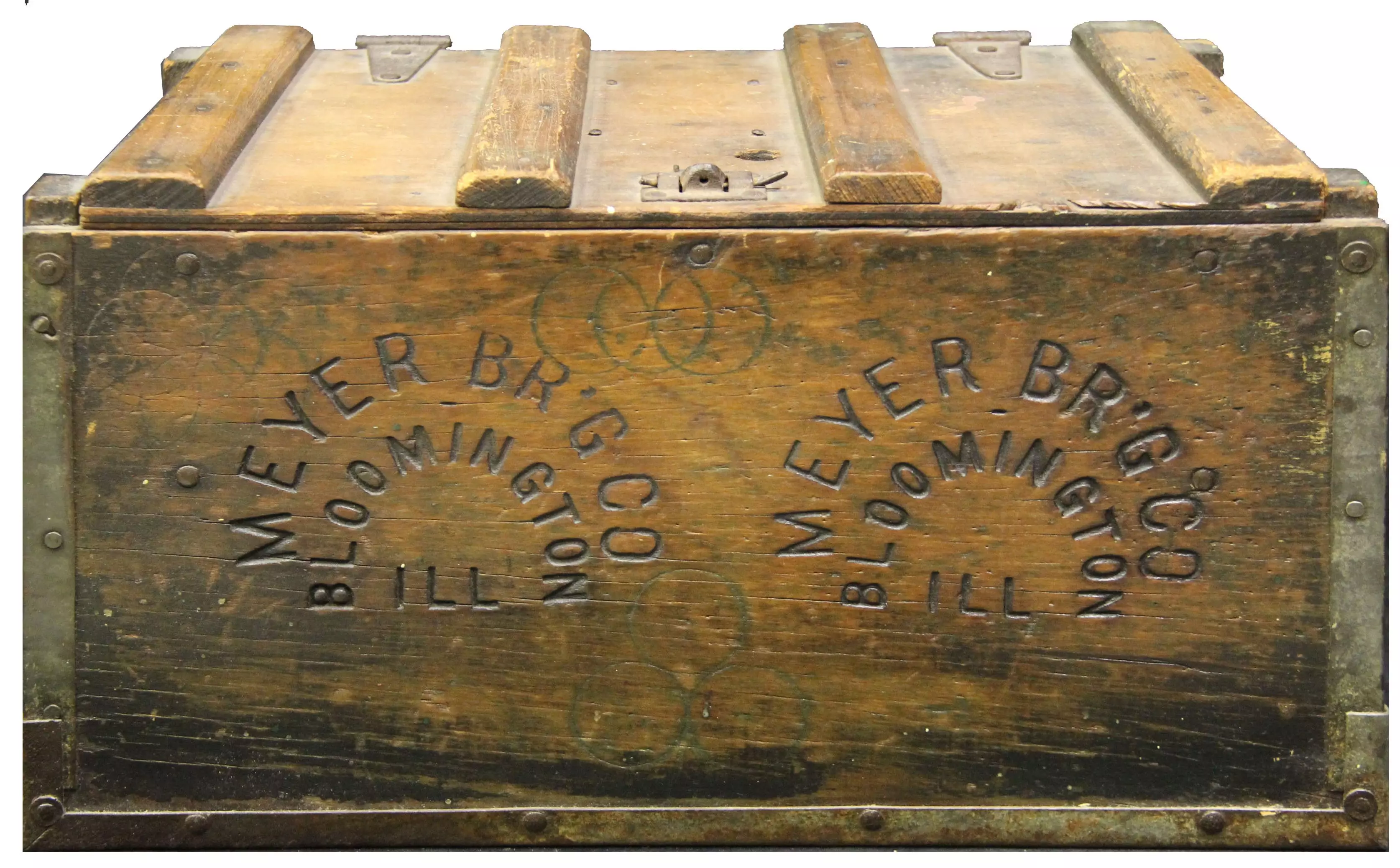 a large wooden crate with Meyer Brewing Company logo imprinted