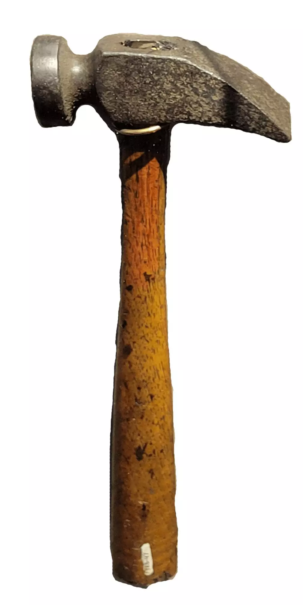 Metal Hammer with rounded left side, pointed right side, and tapered wood handle.