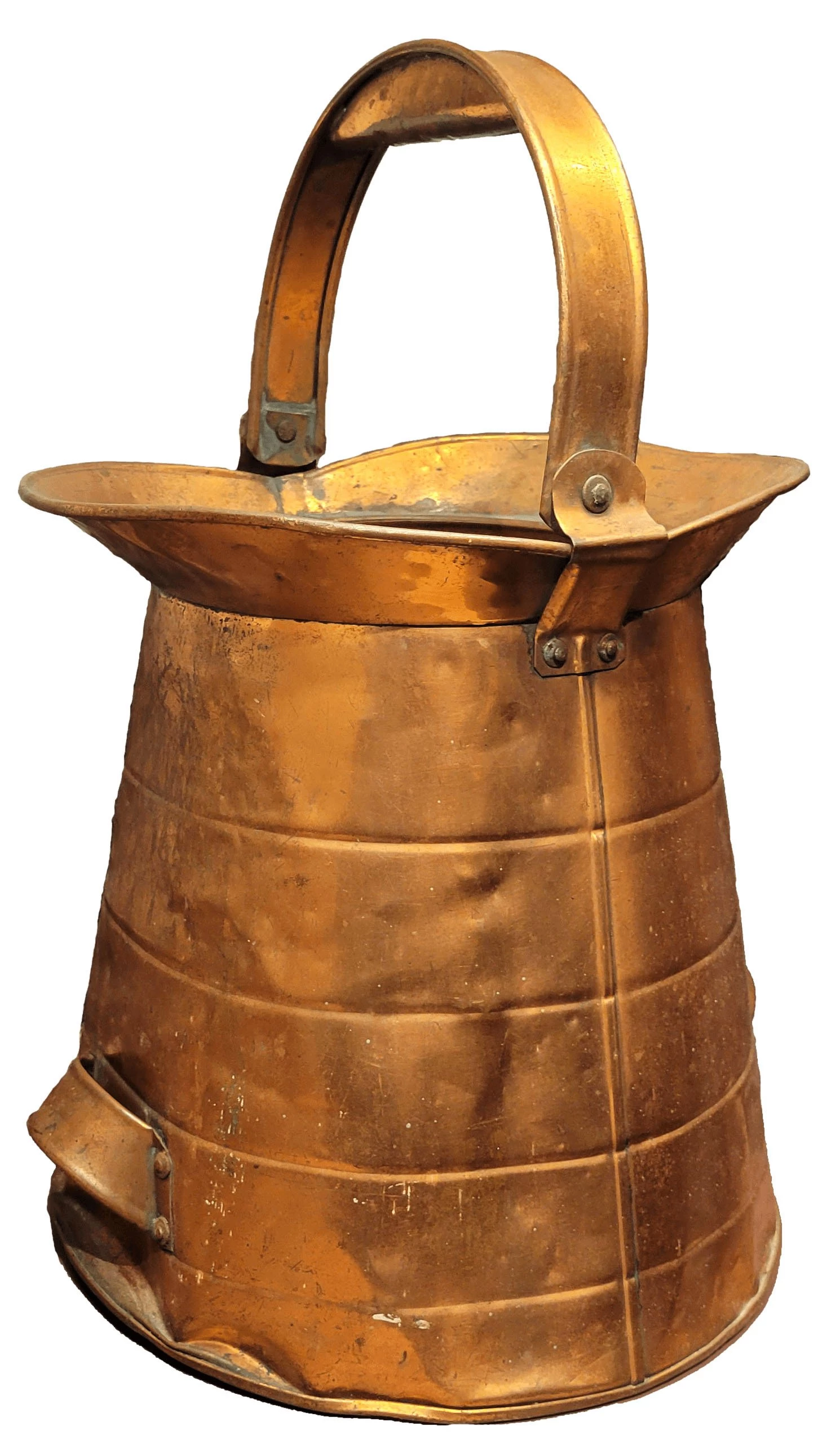 Photo of a copper bucket that is slightly dented, with a handle at the top and small handle at the bottom.