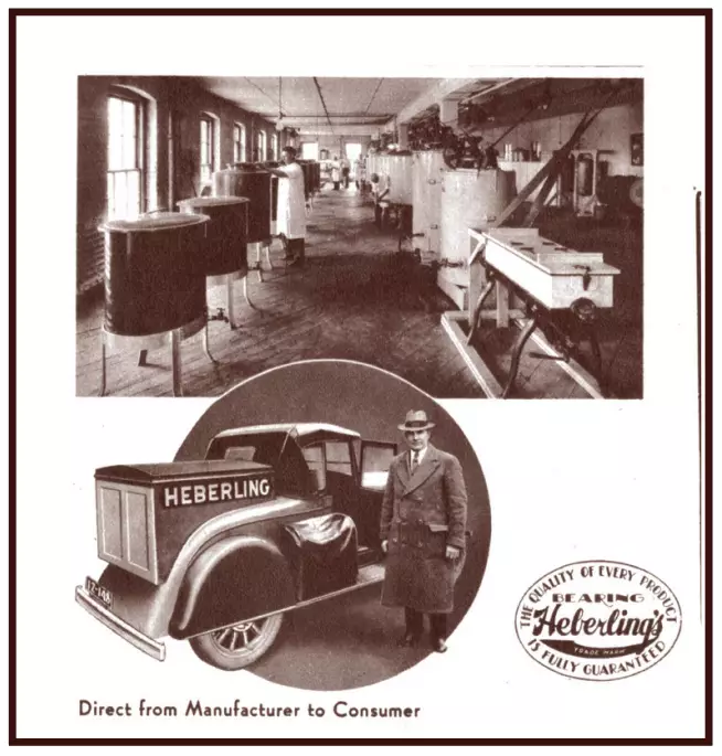 Advertisement featuring a photo of rows of multiple round metal devices, possibly washing machines, and a man standing next to a vehicle