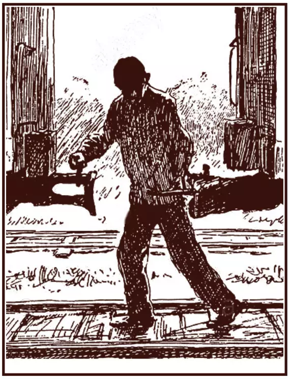 an illustration of a man standing between two train cars