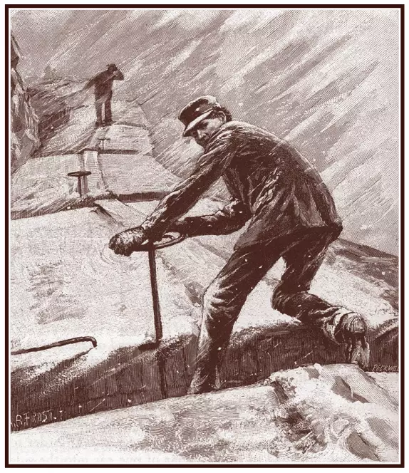 an illustration of a man standing on top of a train turning a break wheel