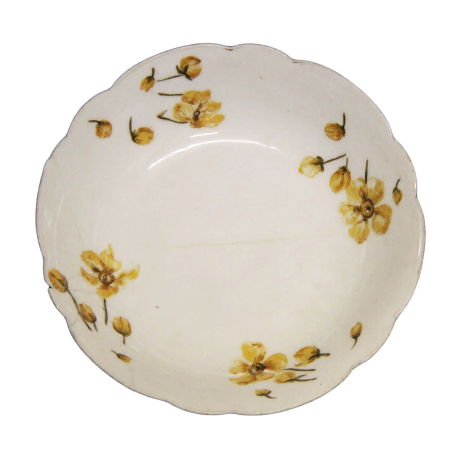 White bowl with ruffled edges, painted with yellow flowers.