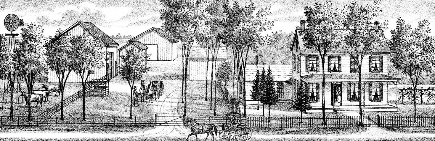 Black and white illustration of a farmhouse with many trees, three barns, and a windmill.