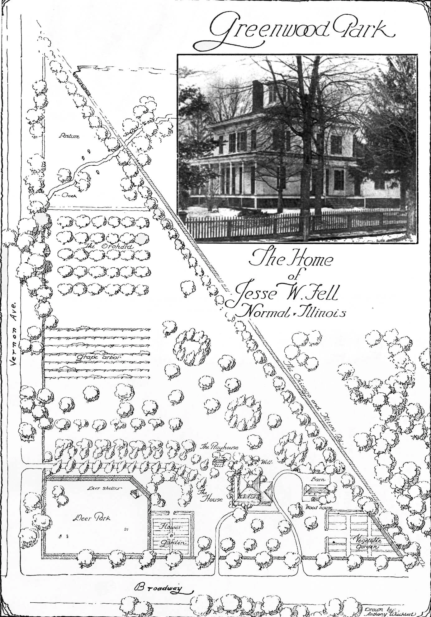 A drawn plat map for Greenwood Park, the neighborhood in which the Fell family lived. A picture of the two story frame home is in the upper corner.