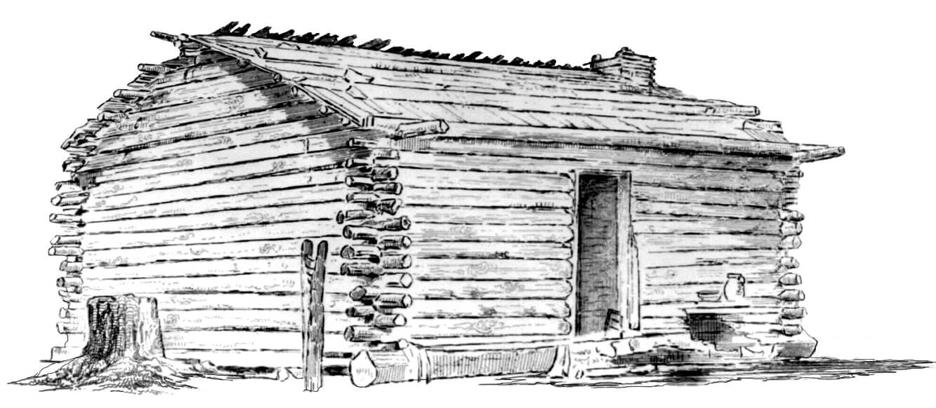 Black and white illustration of a log cabin with a chimney, next to a tree stump.