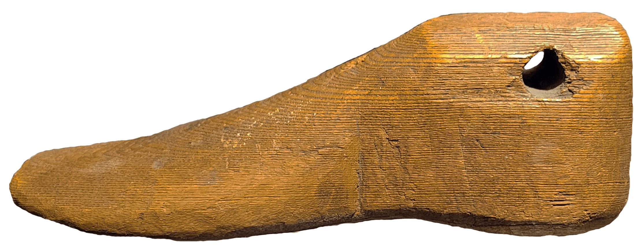 foot-shaped piece of wood with a hole going through the ankle