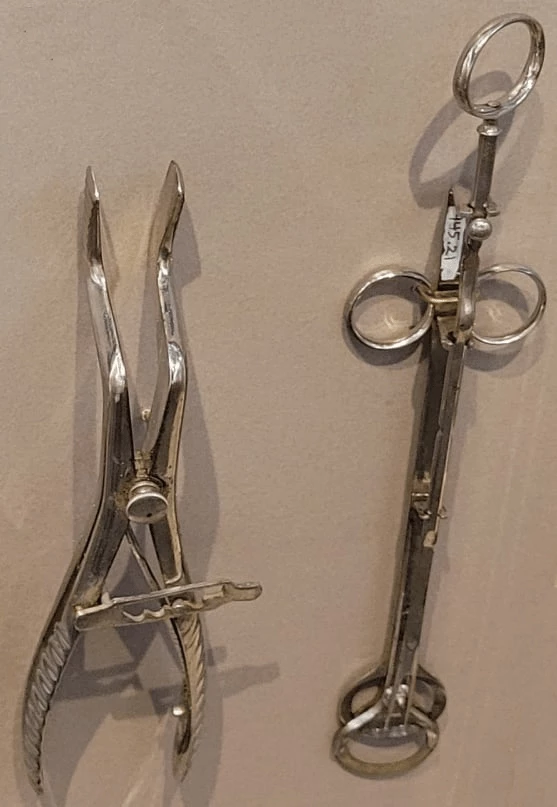 Two silver metal tools. The one on the left looks like a precise pair of pliers with bent ends. The tool on the right resembles a bottle opener crossed with a pair of nail scissors.