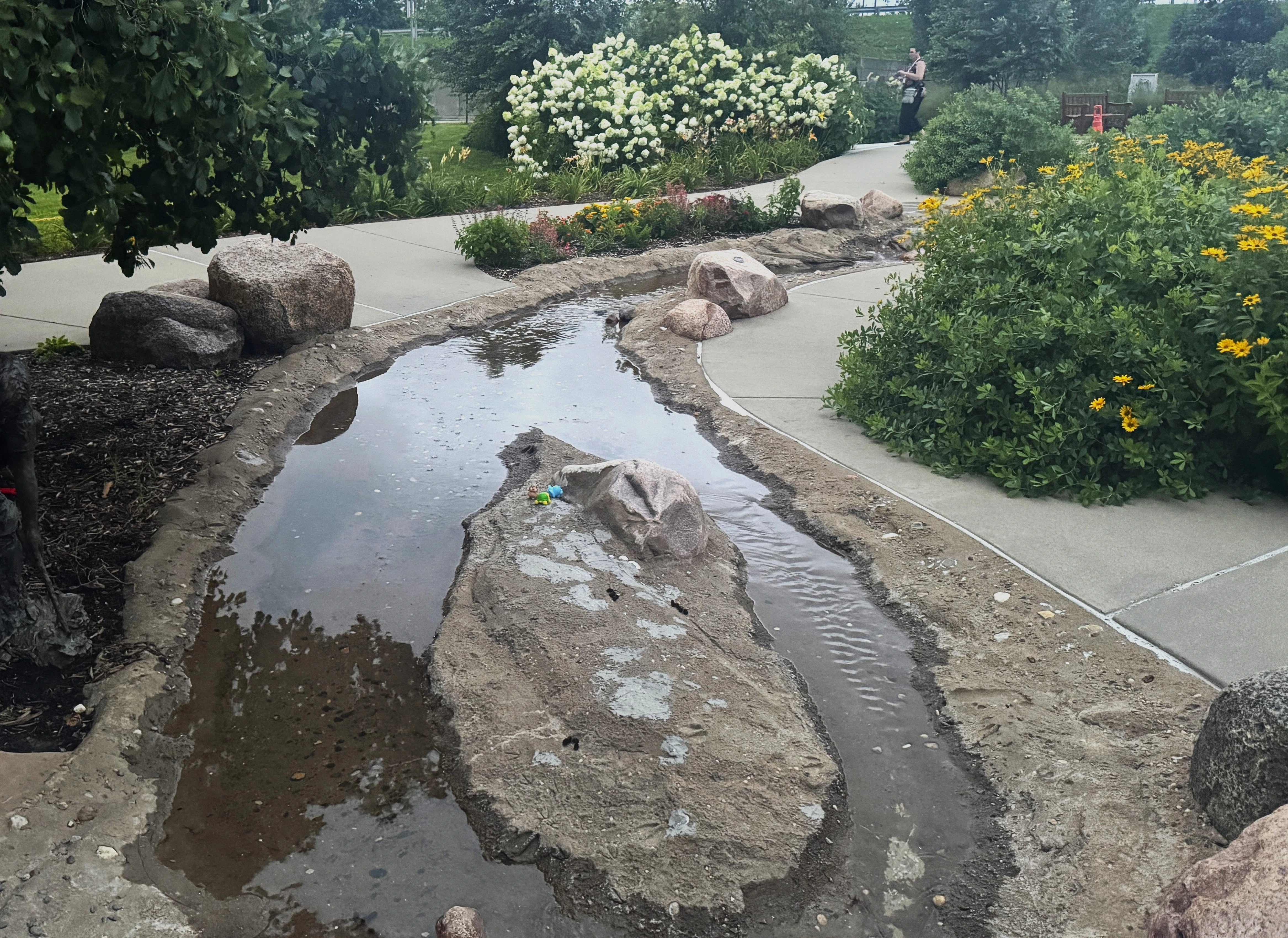 A man made interactive stream is surrounded by flowers at the Quad Cities Botanical Center