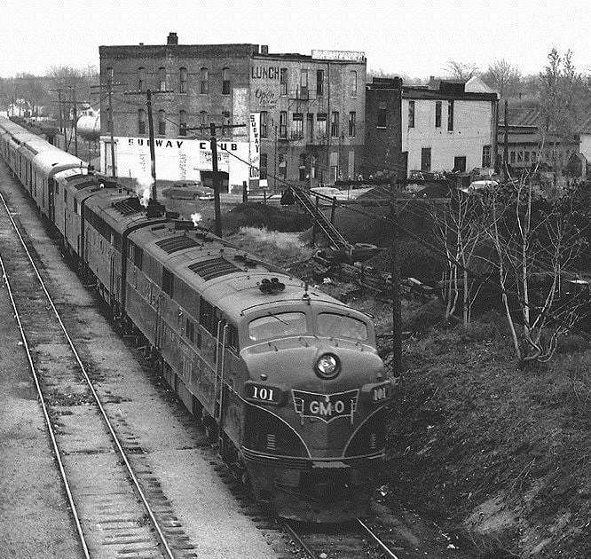Gulf, Mobile and Ohio Railroad passenger train rumbling through Bloomington's west side.