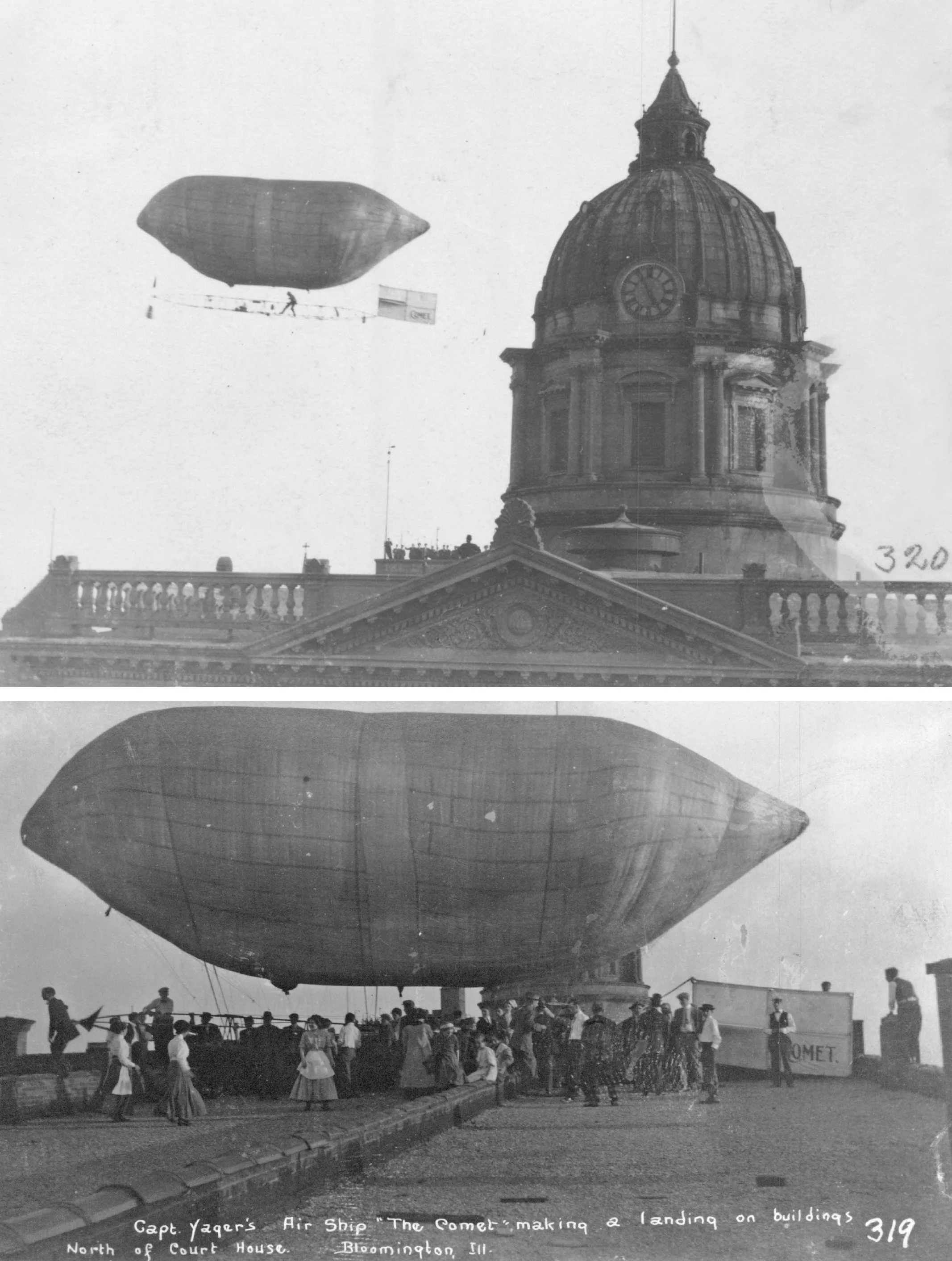 The top image was taken from the Livingston office building at the corner of Main and Washington streets, so the view is looking north. The second image shows the Comet perched on the roof of C.W. Klemm’s, a locally owned department store once located on the north side of the courthouse square.