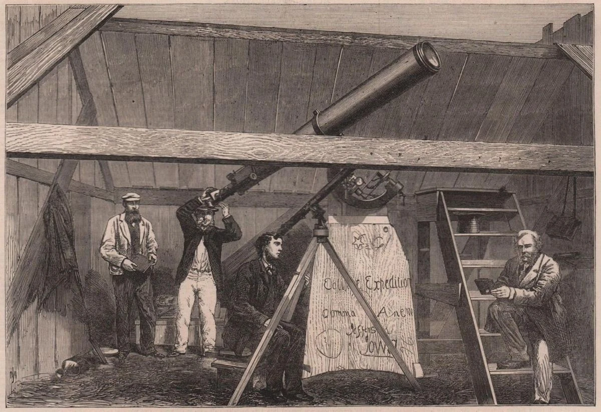 This engraving, “Observatory of the Canadian Eclipse Expedition, at Jefferson City, Iowa,” appeared in the Oct. 9, 1869, issue of The Illustrated London News. These Canadians traveled to Iowa in order to view the total solar eclipse of Aug. 7, 1869, which was visible over much of Central Illinois.