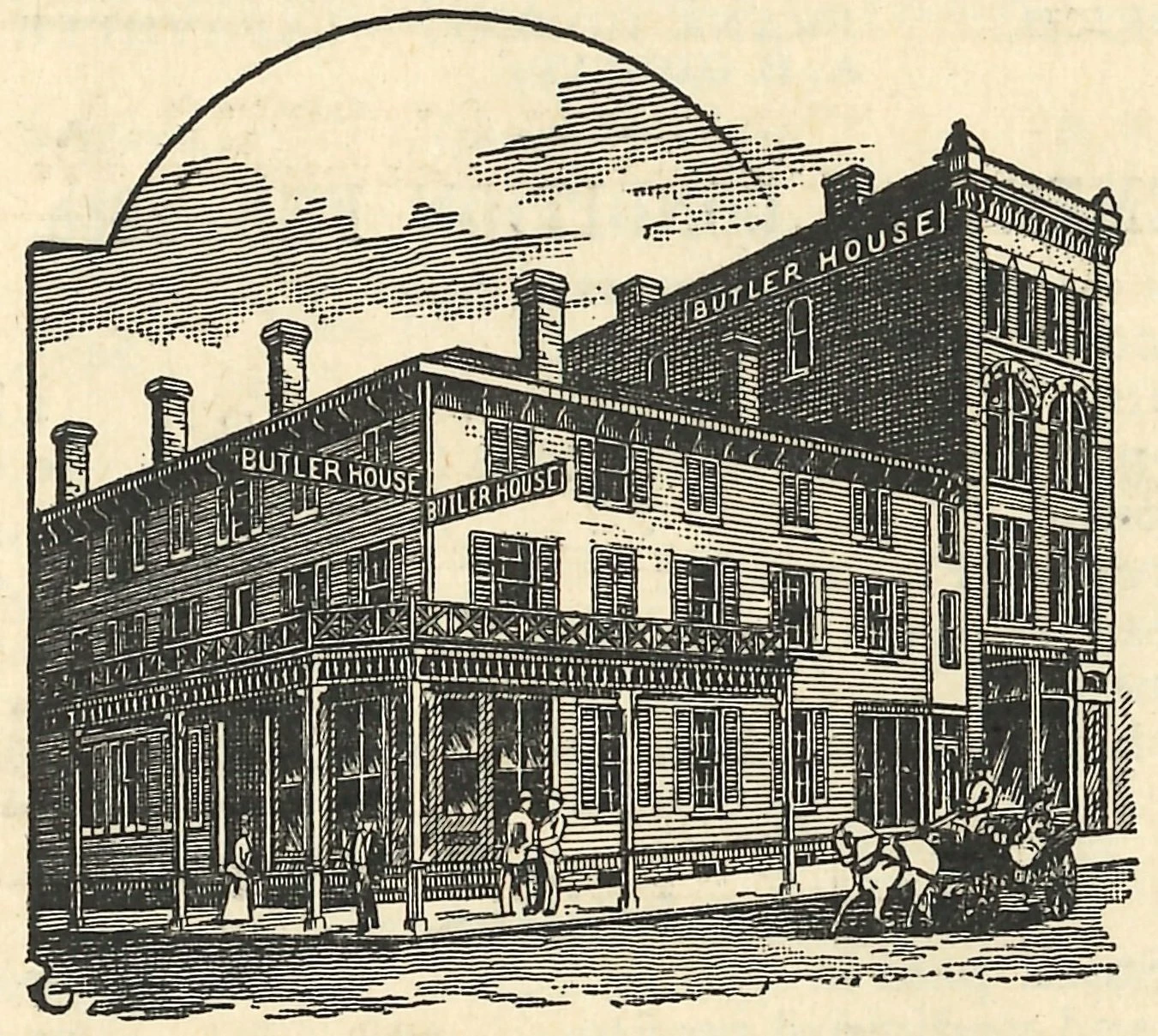 a drawing of a three-story frame building. The second story has a balcony that overhangs the sidewalk. People are walking, and a horse and carriage are in the road.