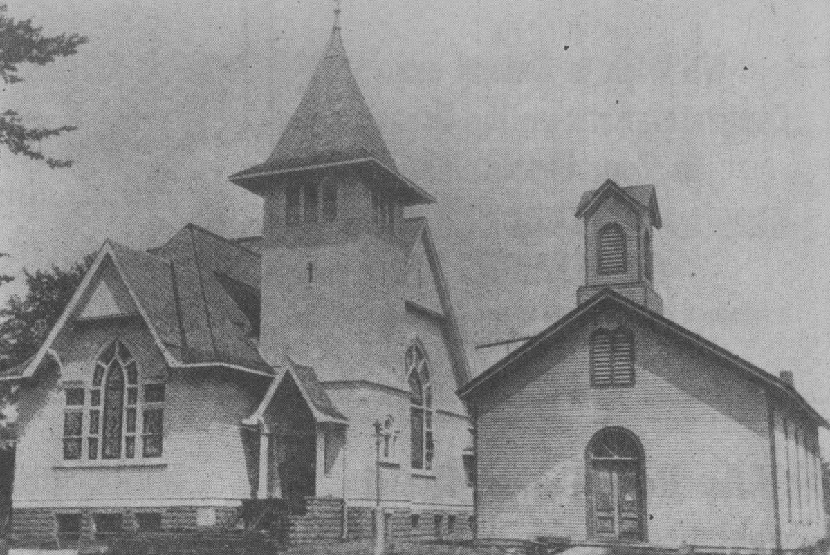 This rare albeit grainy photograph shows both the 1873 Heyworth Christian Church building (on the right) and the 1906 church building (left). The old church is no longer standing and the 1906 building now serves as a handsome family residence. The current Heyworth Christian Church building, dedicated in 1962, is located about six blocks northwest of this site.