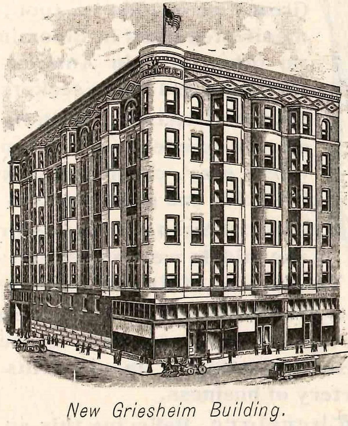 This illustration of the new Griesheim Building appeared in a 1901 Bloomington Business Men’s Association promotional piece touting the city’s reconstruction efforts after the Great Fire of June 19, 1900.