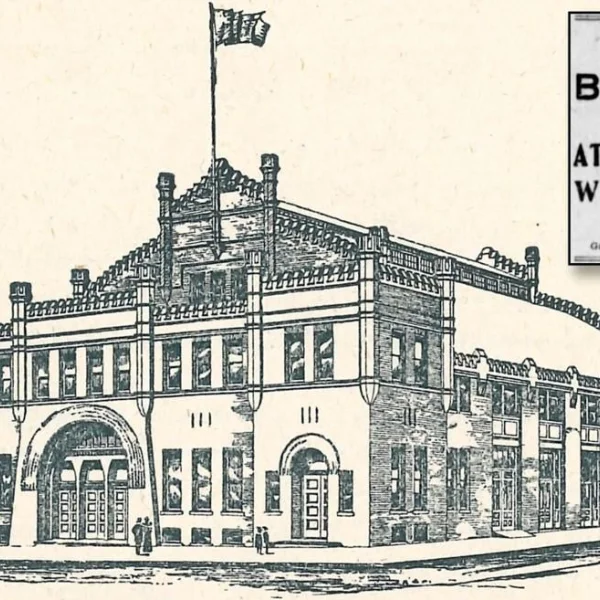 Located at the corner of Roosevelt and Front streets, the Bloomington Coliseum was the Twin City's premier venue for indoor baseball. This fieldhouse-type building was torn down in 1961. The advertisement in the upper right appeared in the Feb. 7, 1908, Pantagraph.