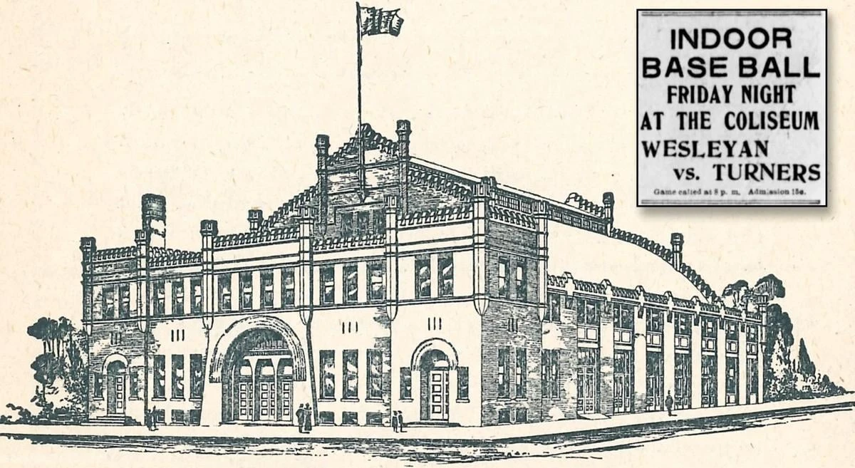 Located at the corner of Roosevelt and Front streets, the Bloomington Coliseum was the Twin City's premier venue for indoor baseball. This fieldhouse-type building was torn down in 1961. The advertisement in the upper right appeared in the Feb. 7, 1908, Pantagraph.