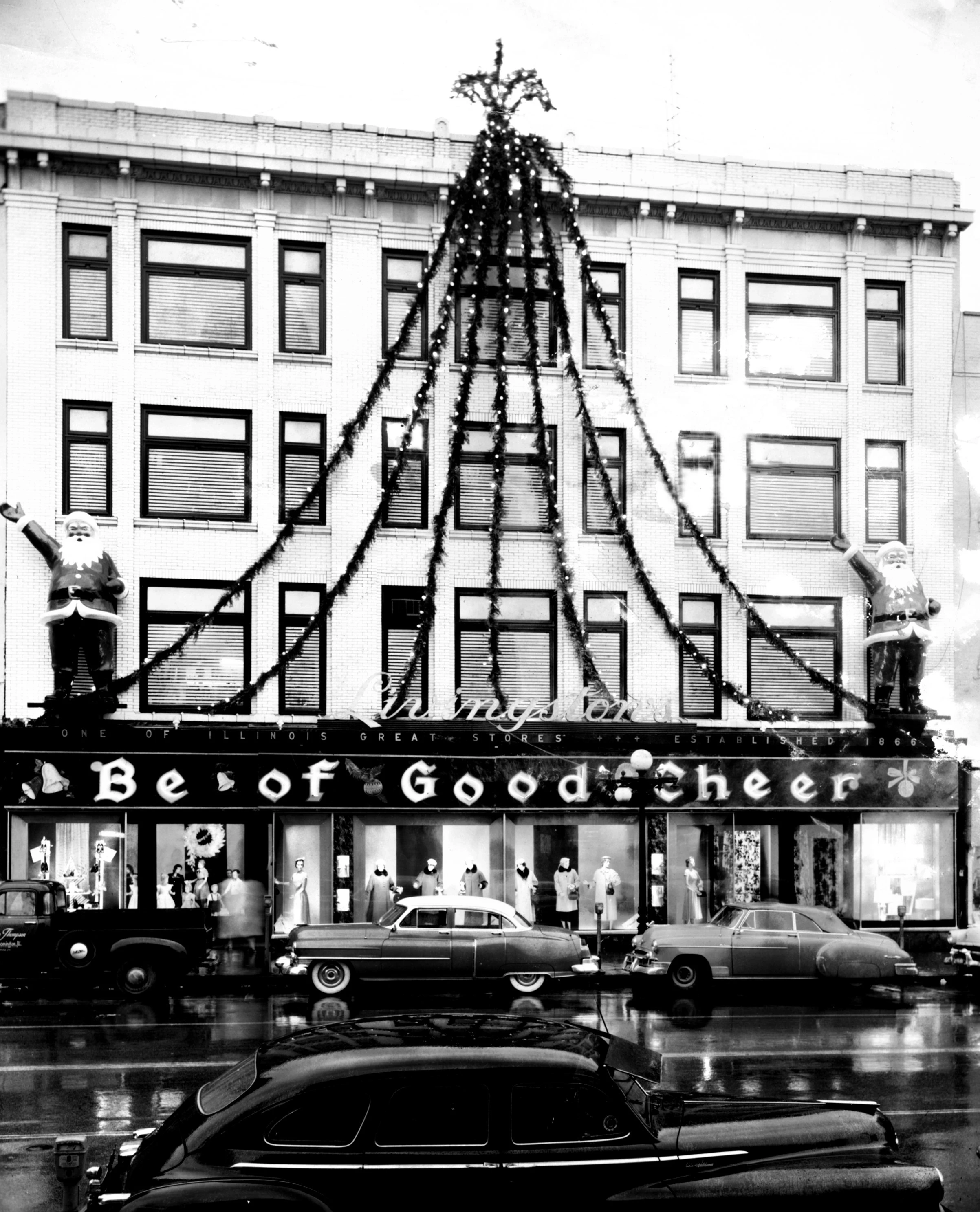 The two giant Santas looming over the entryway to local retailer Livingston’s can be seen in this circa late 1950s photograph.