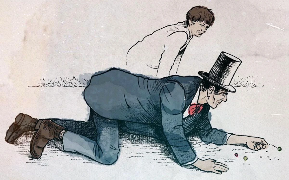 Even Mr. Lincoln played marbles! This water color illustration by Rick Tuma appears in the video short “Lincoln: Recollections and Reminiscences,” featured in the McLean County Museum of History exhibit, “Abraham Lincoln in McLean County.”