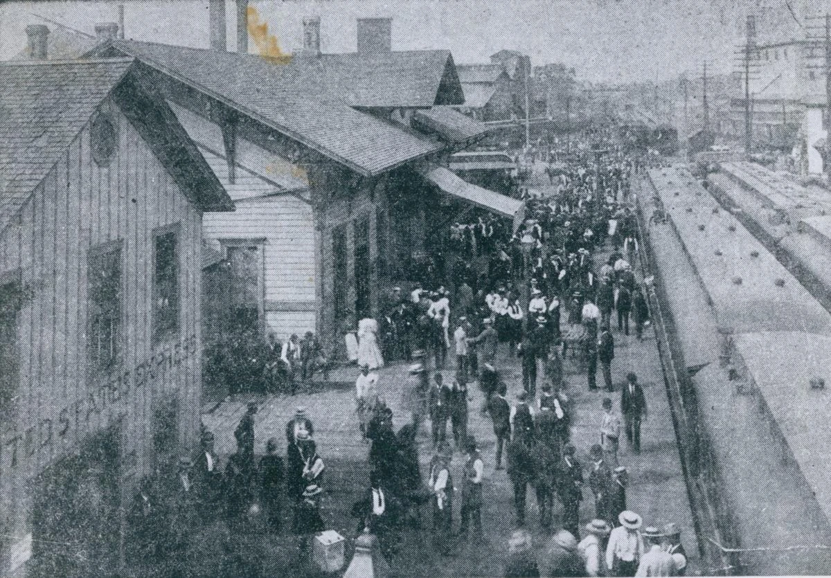 Although of poor quality, this is the only known photograph of the Pullman Strike of 1894 as it unfolded at the Union Depot on Bloomington’s west side. Note all the idle Pullman coaches and sleepers. Marooned passengers found various ways to while away the hours. Riders on a Pullman sleeper attached to a C&A limited spent much of July 3 — “all the afternoon and all the evening till midnight” — singing popular songs of the day, such as “Sweet Marie,” “John Brown’s Body” and “In Old Madrid.”