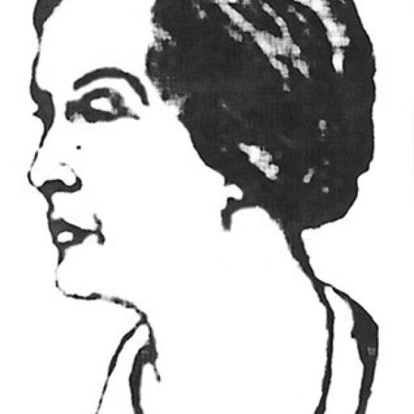 Crude illustration of a middle-aged woman's side profile, with raised eyebrows and short bobbed haircut.