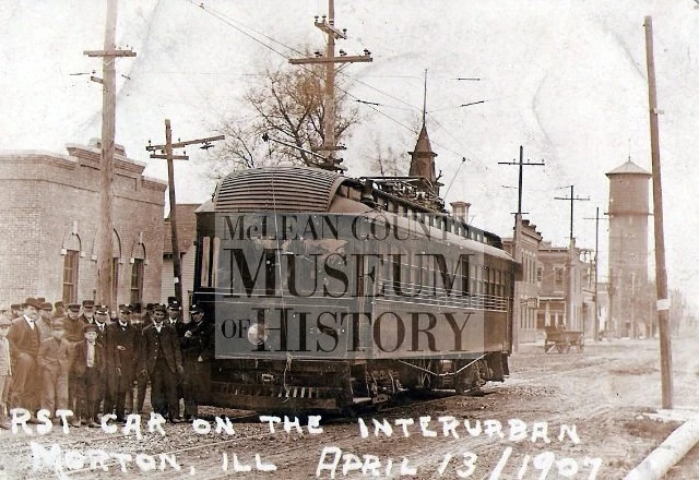 The first car on the Interurban at Morton, Illinois, April 13, 1907.