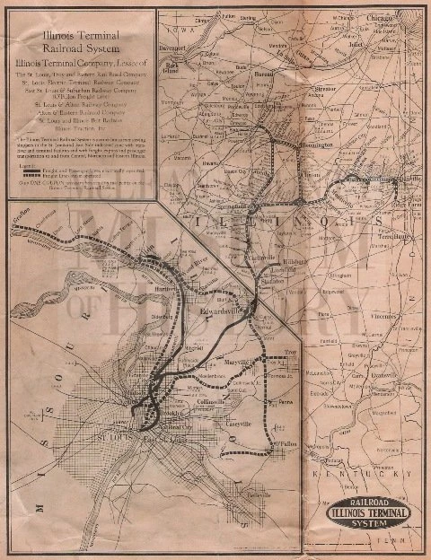 This is a not-to-scale map showing the route of the Illinois Terminal System from Peoria to Bloomington to Champaign to Decatur to St. Louis. The map shows the stops along to system.