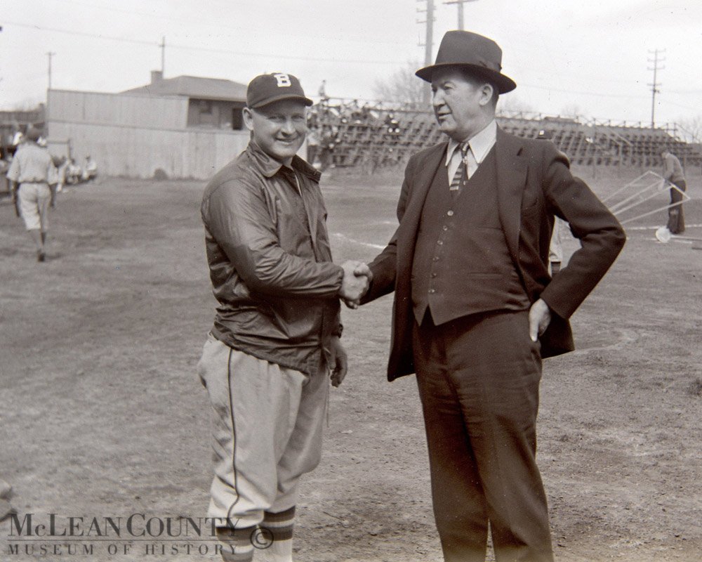 Bob O'Farrell and Grover Cleveland Alexander Fans Field, Bloomington, 1938