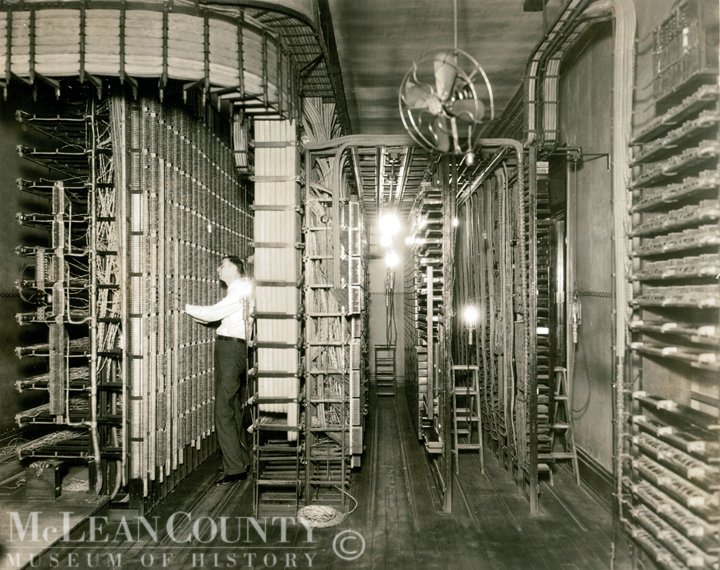 Seen here is the terminal room of the Wabash Telephone Company in downtown Bloomington. Outside lines terminated here and connections were made with the local switchboard.
