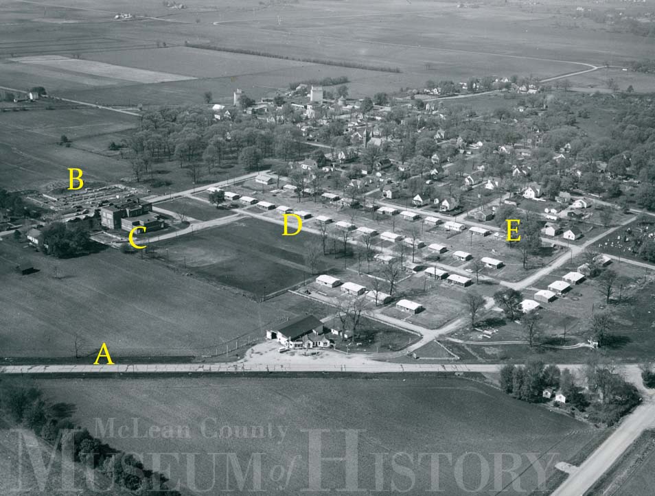 Aerial view of the village of Downs, 1953.