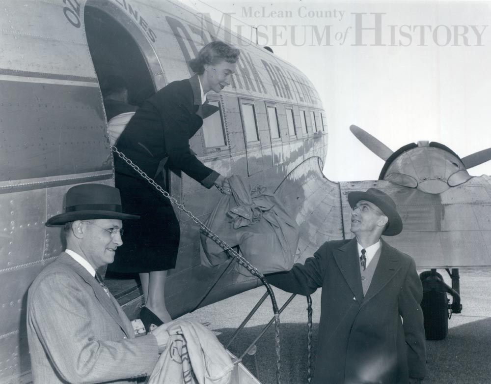 Municipal Airport celebrates the start of scheduled commercial air service to Bloomington, 1950.