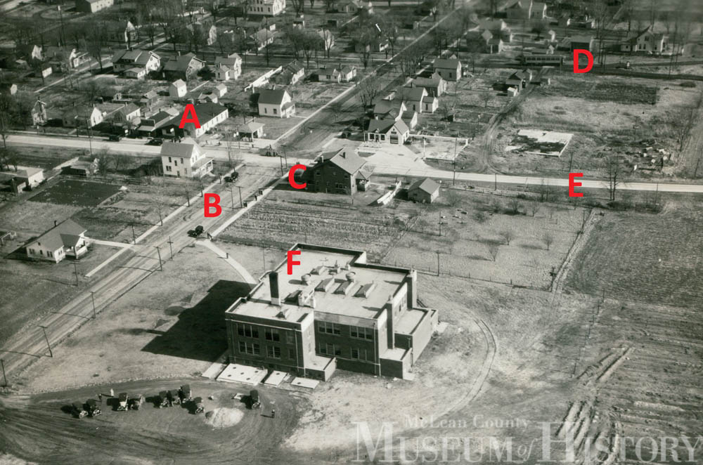 Aerial photo of Heyworth High School, 1933.
