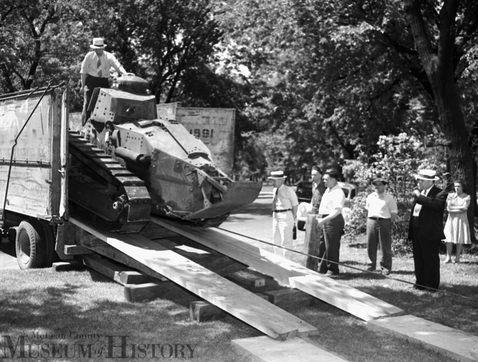 Several pieces of military hardware can be found at Bloomington’s Miller Park, including this World War I-era tank, seen here being offloaded on May 24. 1939.
